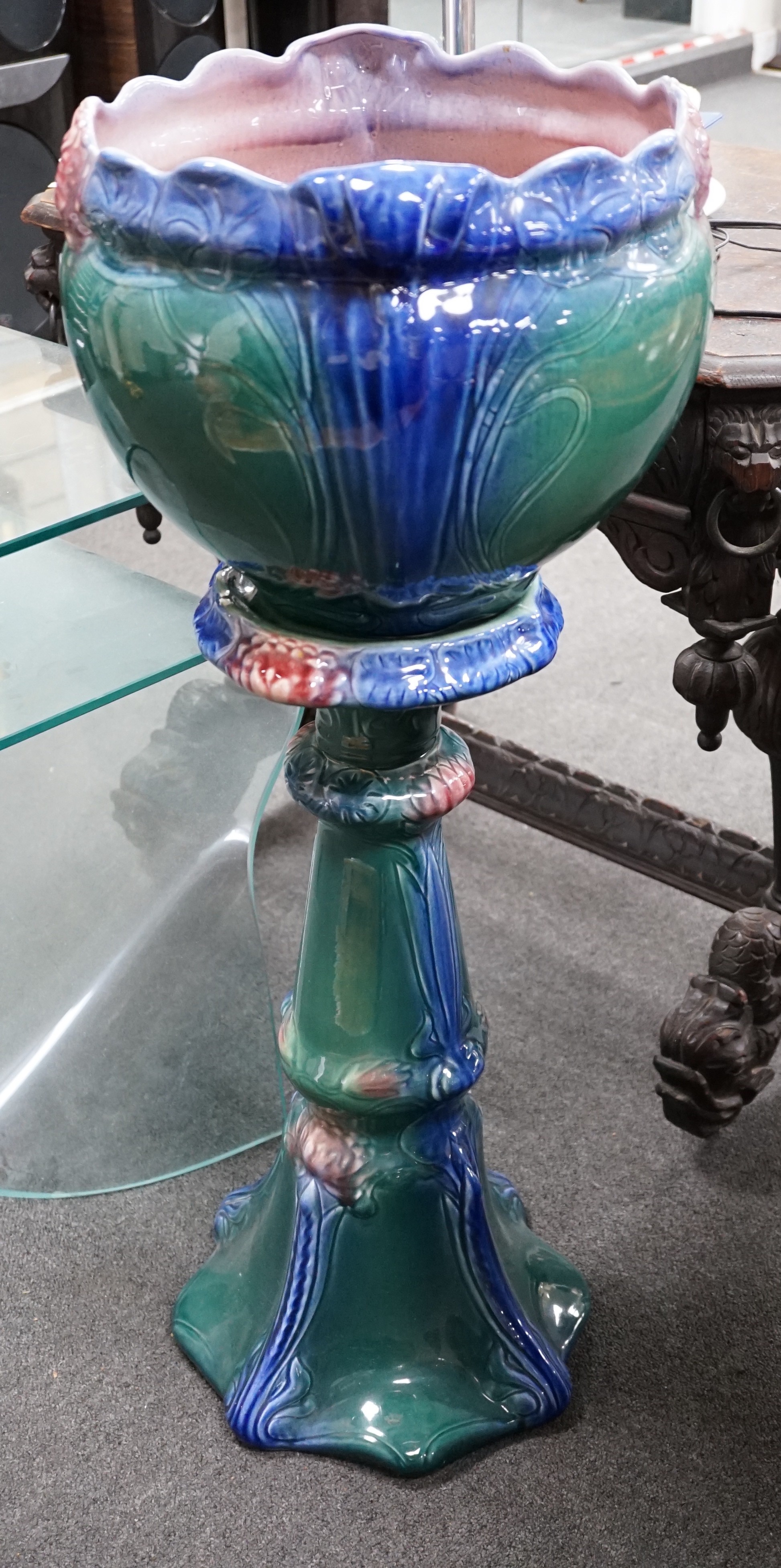 A Staffordshire pottery pedestal jardiniere, 91cms high